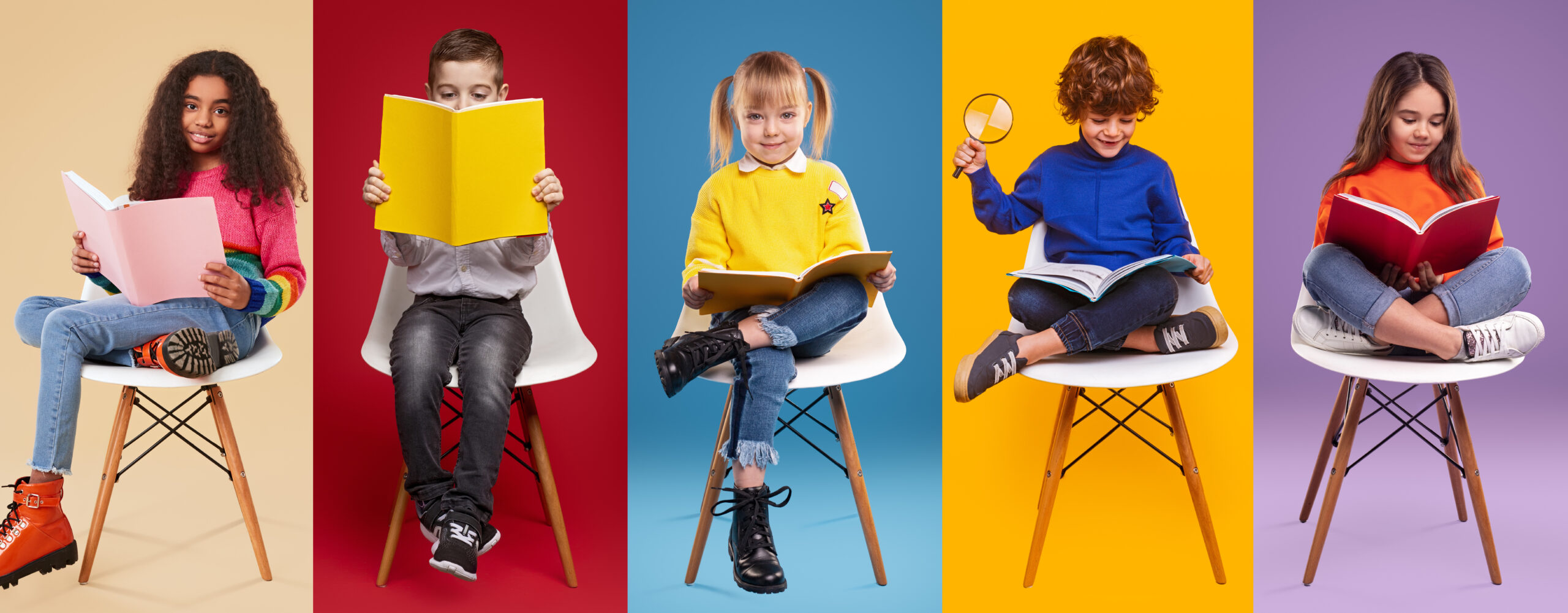 Collage of multiracial children in trendy outfits sitting on chairs and reading books while studying against colorful backgrounds